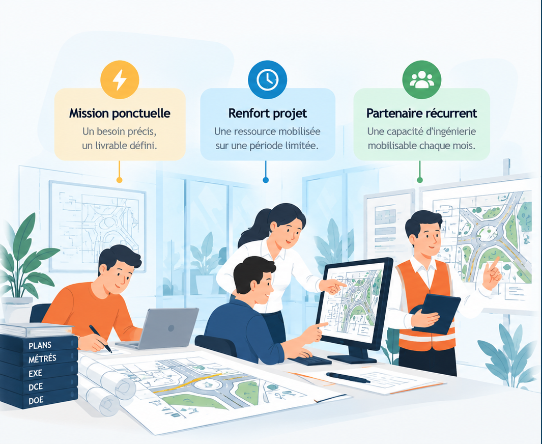 Illustration de professionnels en bureau d’études représentant les trois modes d’intervention INERAM